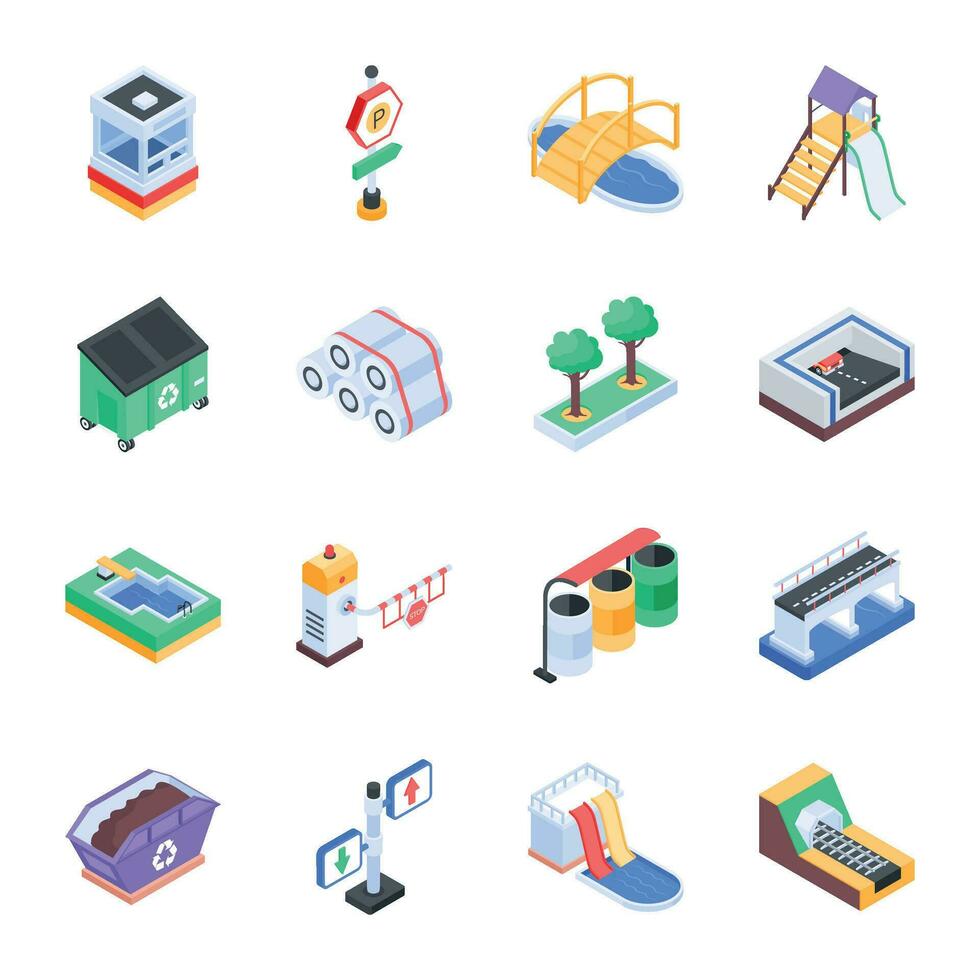 Collection of Isometric City Objects Illustrations vector
