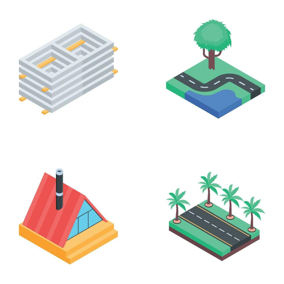 Set of City Routes and Construction Isometric Illustrations vector
