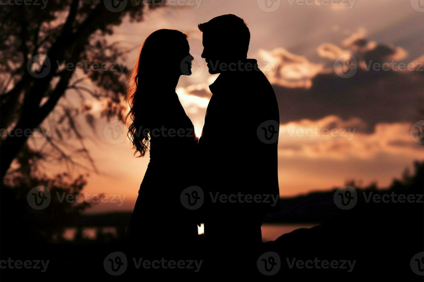 A serene silhouette of a couple against the evening sky backdrop AI Generated photo