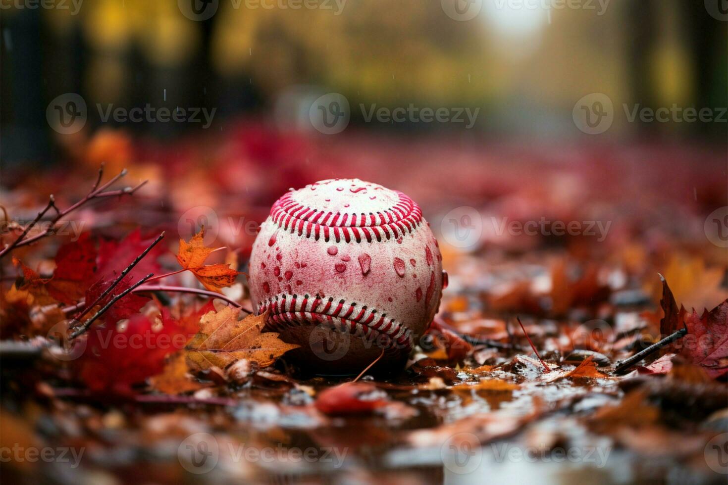 béisbol descansa en medio de otoño hojas en lluvia canal, mezcla Deportes con estacional belleza ai generado foto