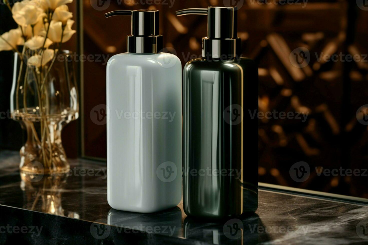 Monochromatic image bottle and soap dispenser in vintage, timeless elegance AI Generated photo