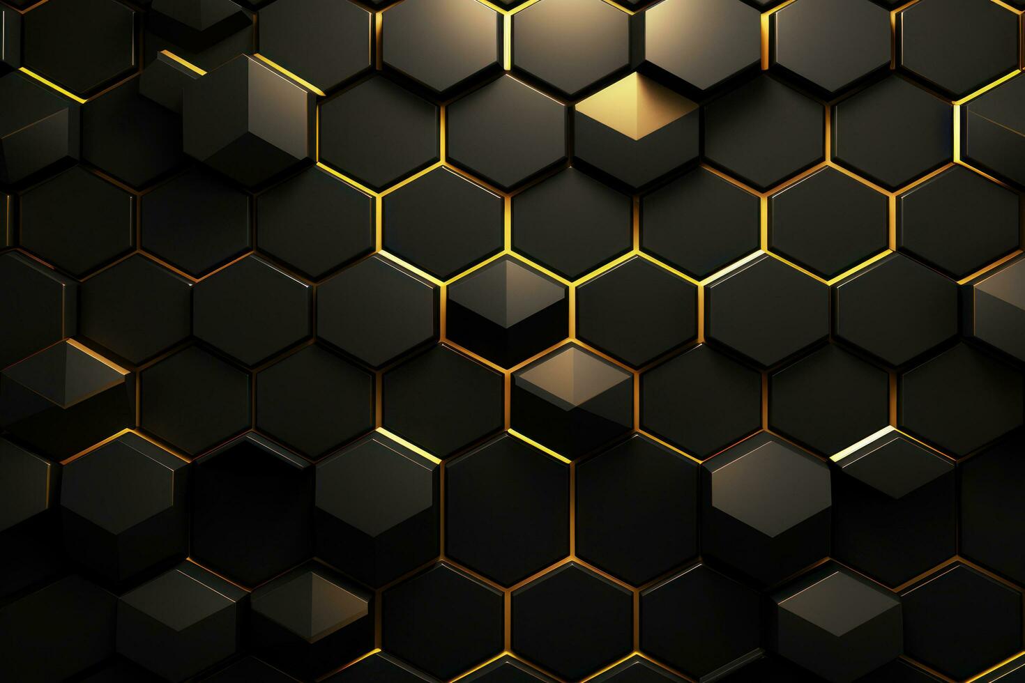 Luxury Hexagonal Abstract Black Metal Background with Golden Light Lines - Modern 3D Geometric Texture, AI Generated photo