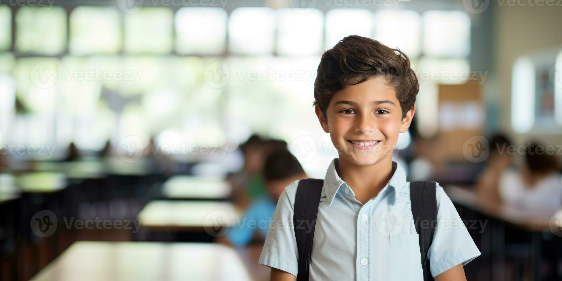 Smiling Hispanic Boy at Modern School, Happy Education Journey of Diverse Schoolboy - AI Generative photo