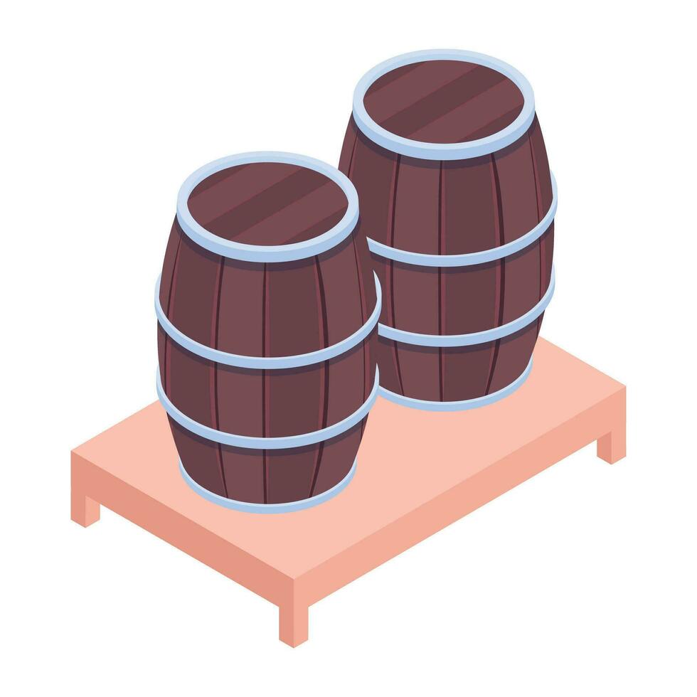 An editable isometric icon of wooden barrels vector