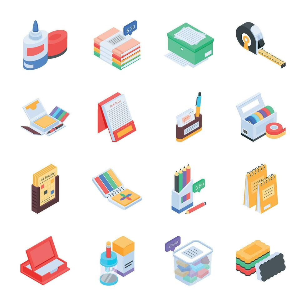 Bundle of Stationery Items Isometric Icons vector