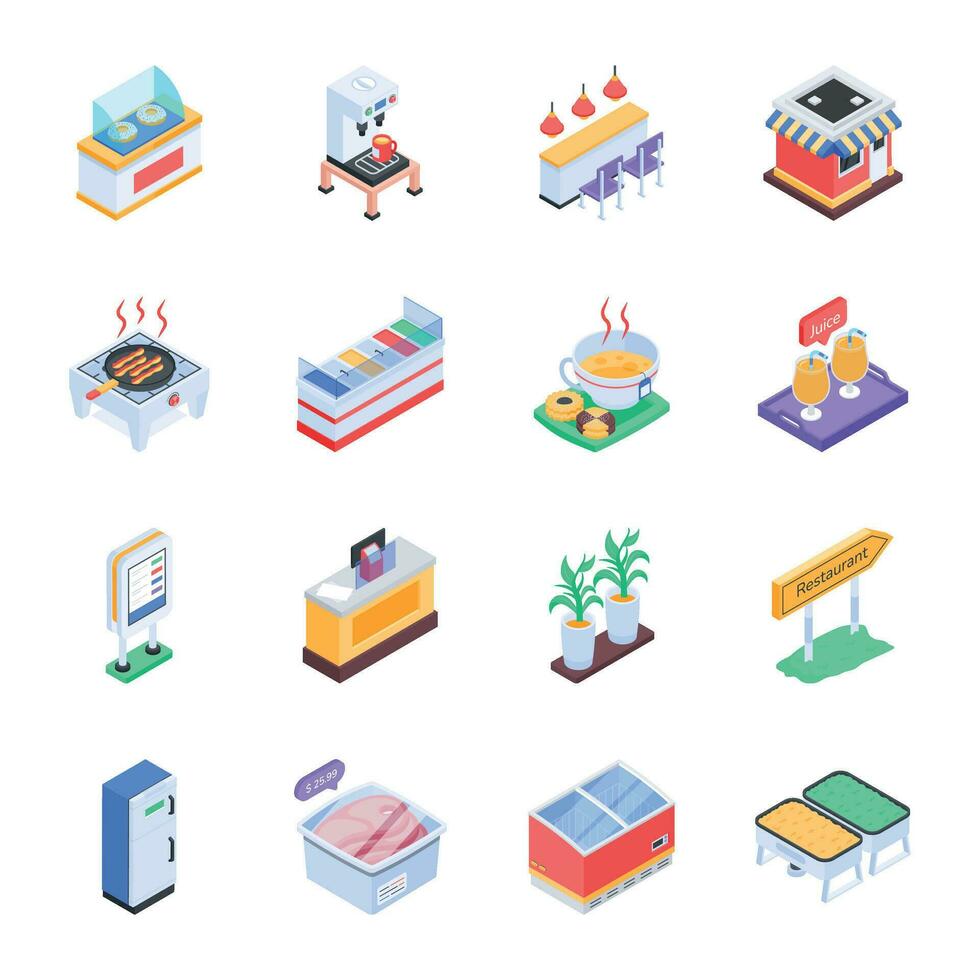 Bundle of Restaurant Elements Isometric Icons vector