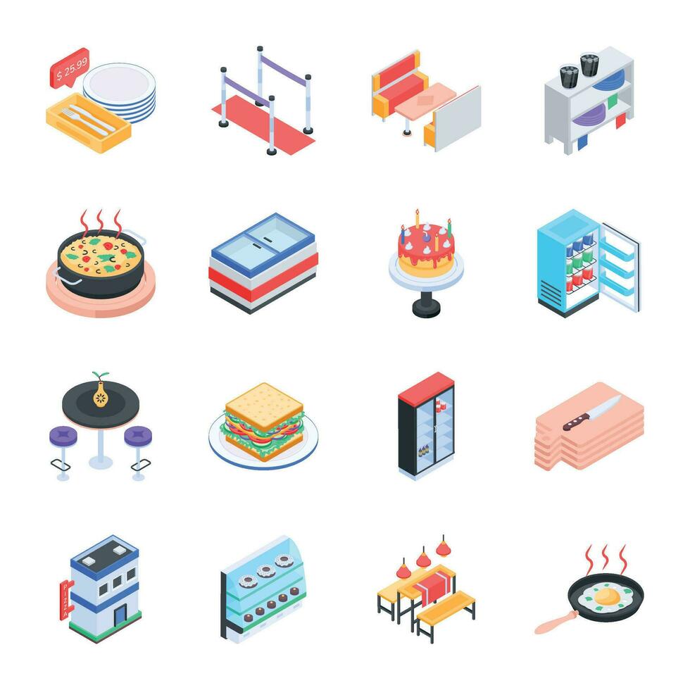 Bundle of Restaurant and Bakery Isometric Icons vector