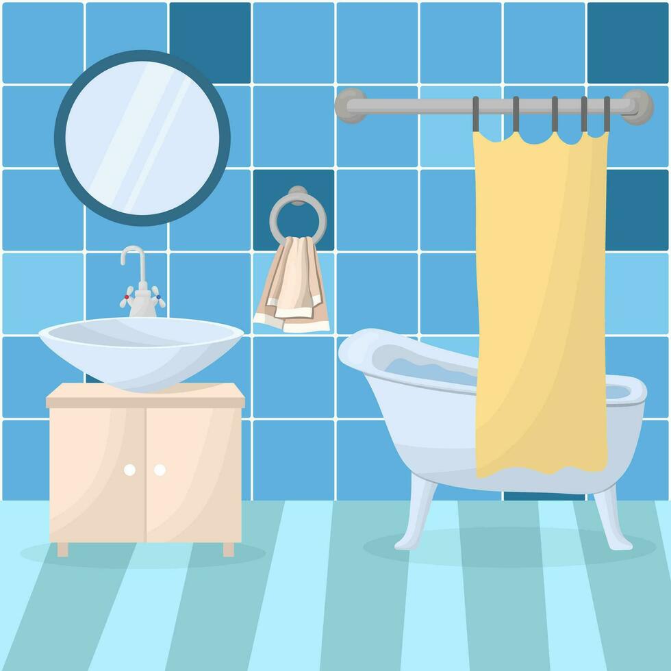 bathroom interior with furniture. Home interior items - mirror, washbasin, bathtub, towel. Vector illustration in a flat style.