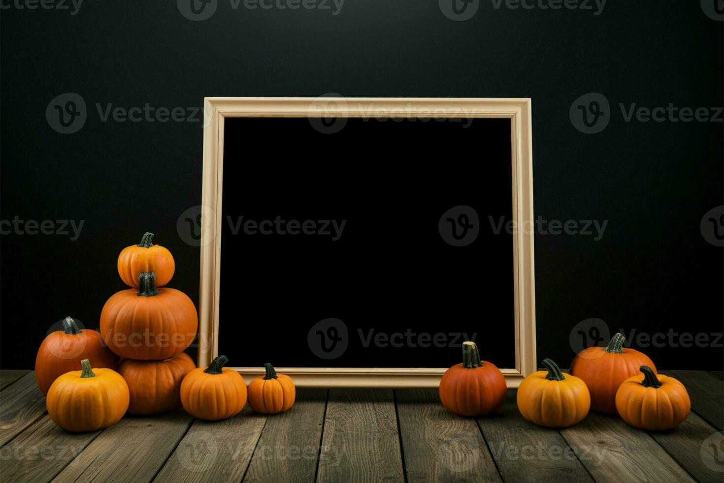 Wooden floor and black background showcase chalkboard stand with pumpkins AI Generated photo