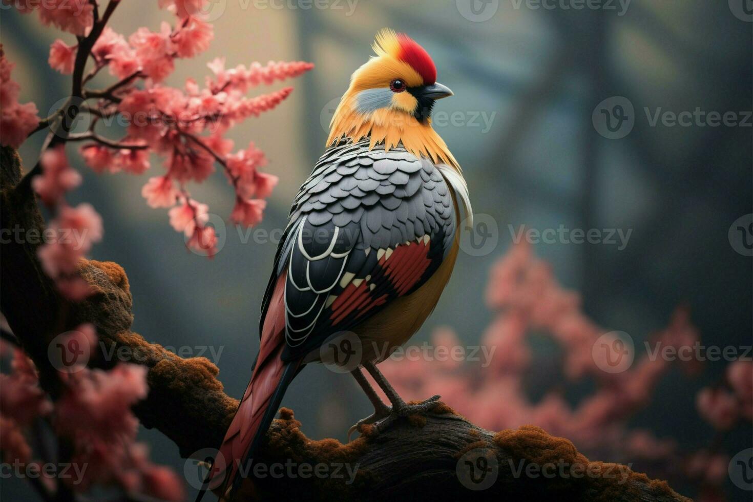 Golden pheasant amid cherry blossoms, overlooking Zhangjiajies stunning mountains AI Generated photo