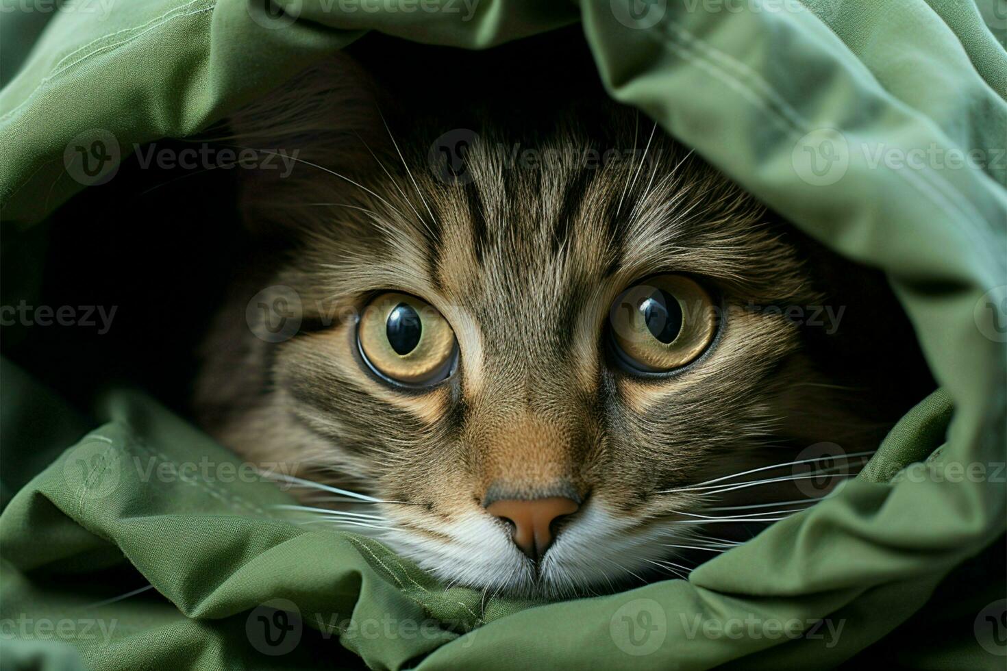 Panic stricken cat found hidden in closet Womans hand reveals its secret refuge AI Generated photo