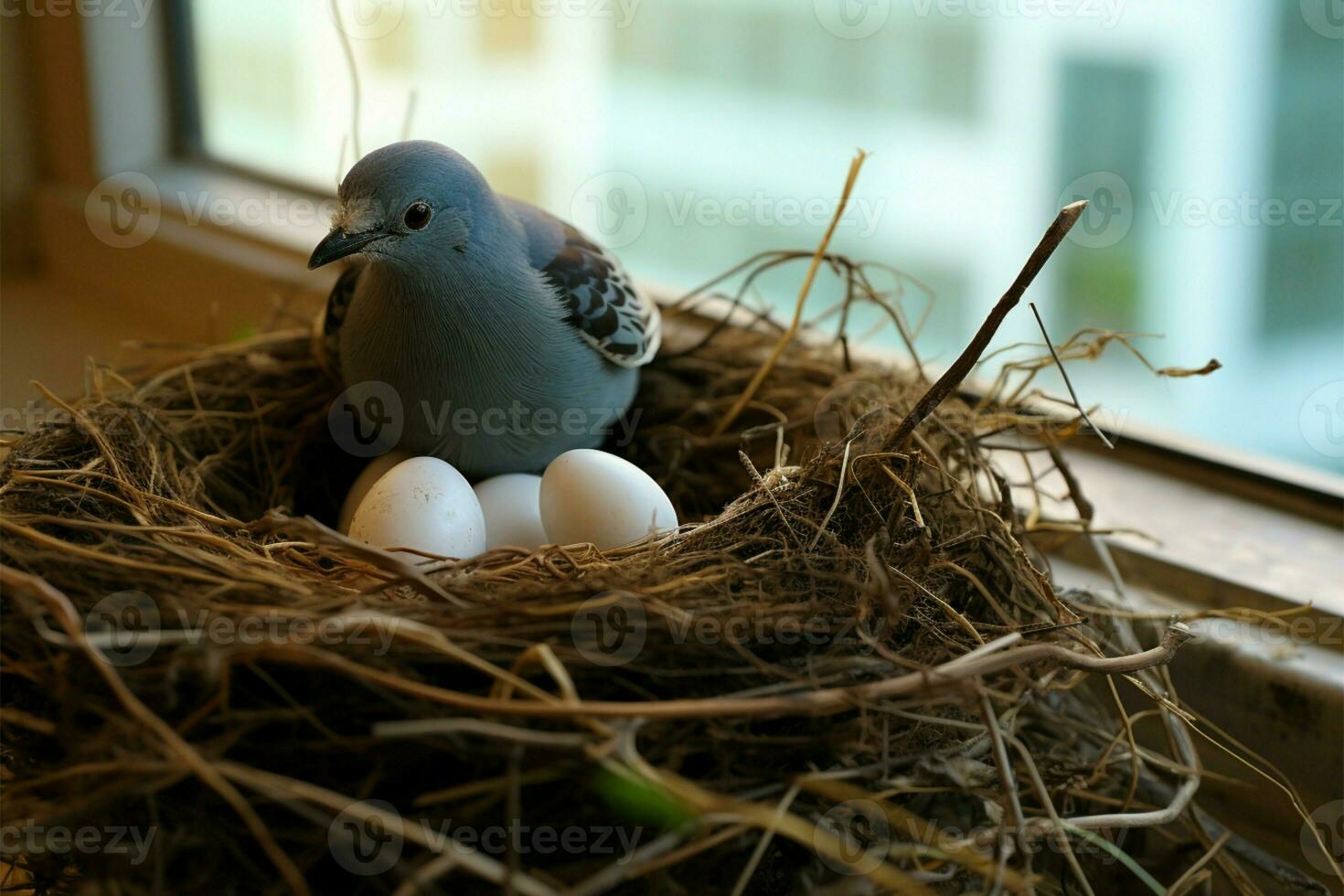 nido en un árbol rama hogar a dos urraca Robin huevos ai generado foto