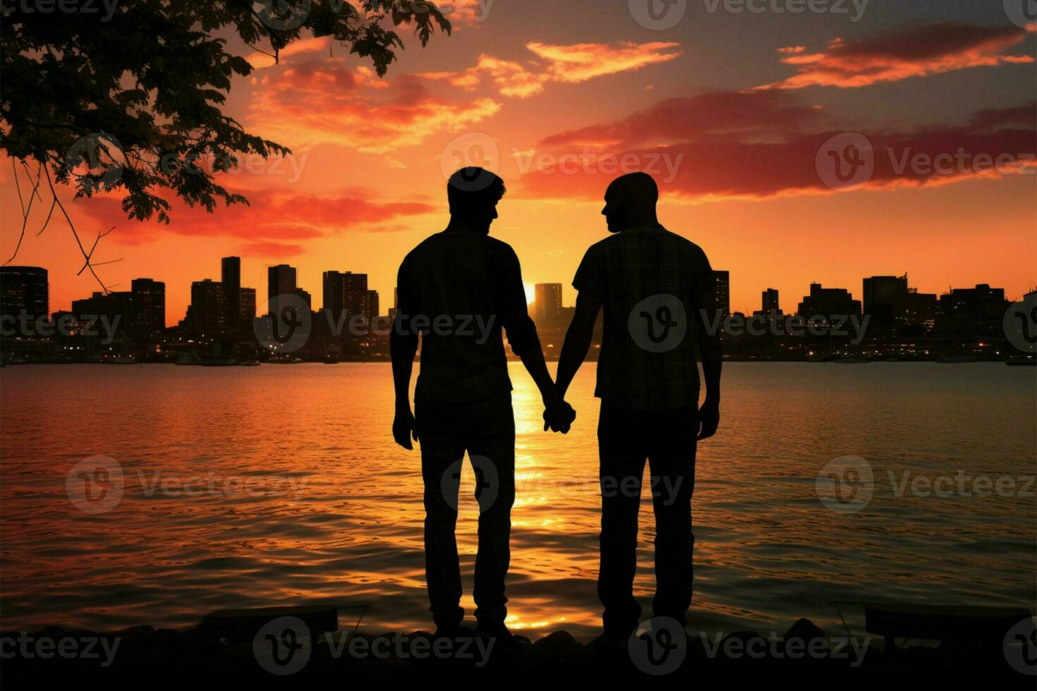 Against the sunset city by the sea, two gay men celebrate, holding hands AI Generated photo