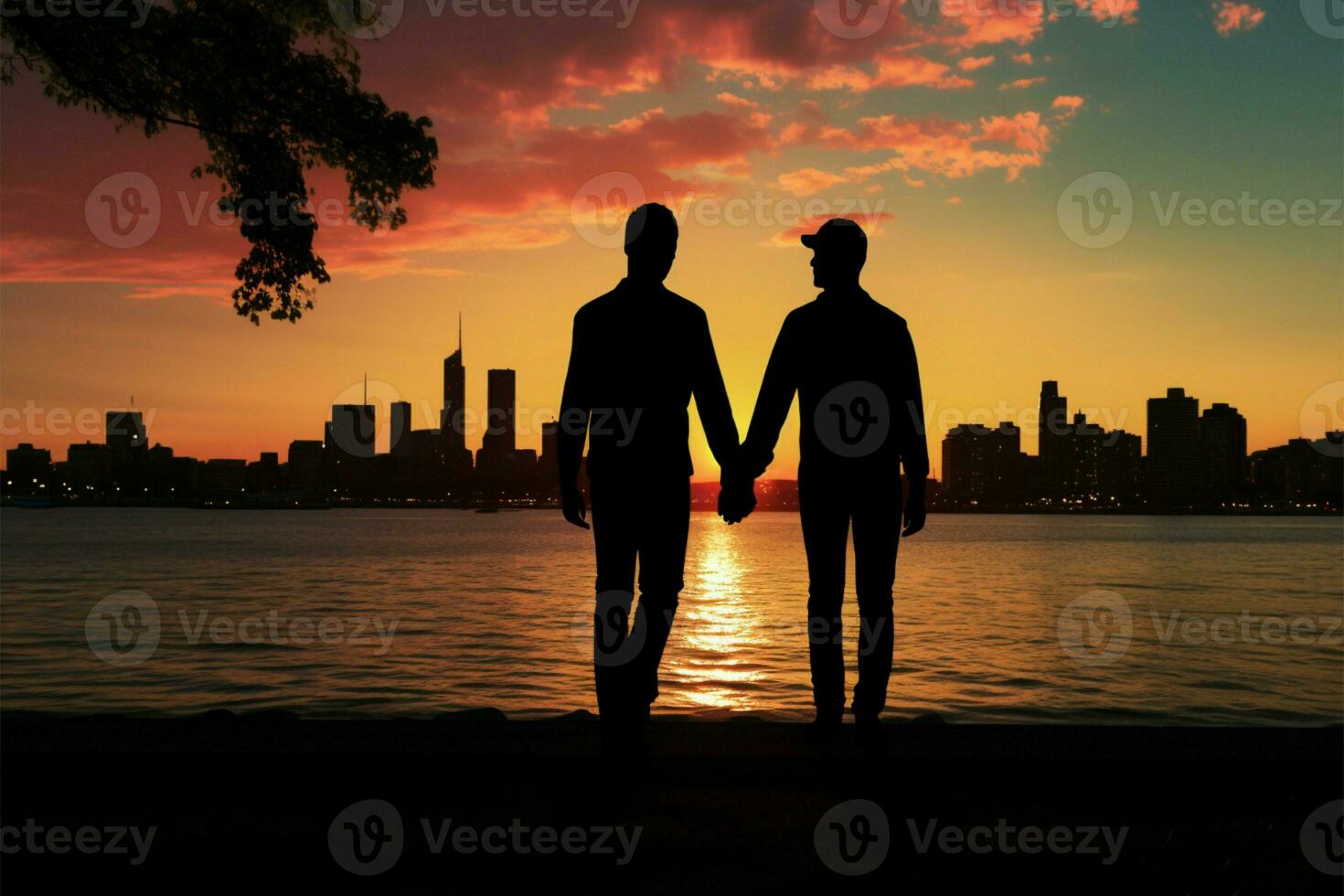 Silhouetted gay couple holds hands, happy, by the evening seas sunset cityscape AI Generated photo