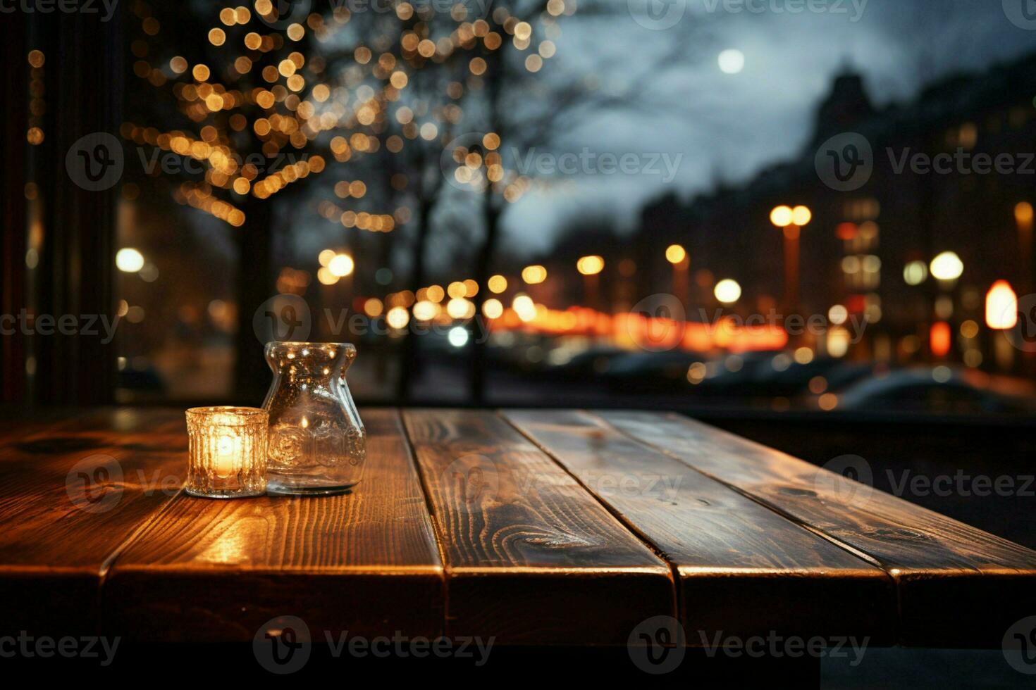 Wooden table waits amid bokeh lights, cafe charm blending with serene emptiness AI Generated photo