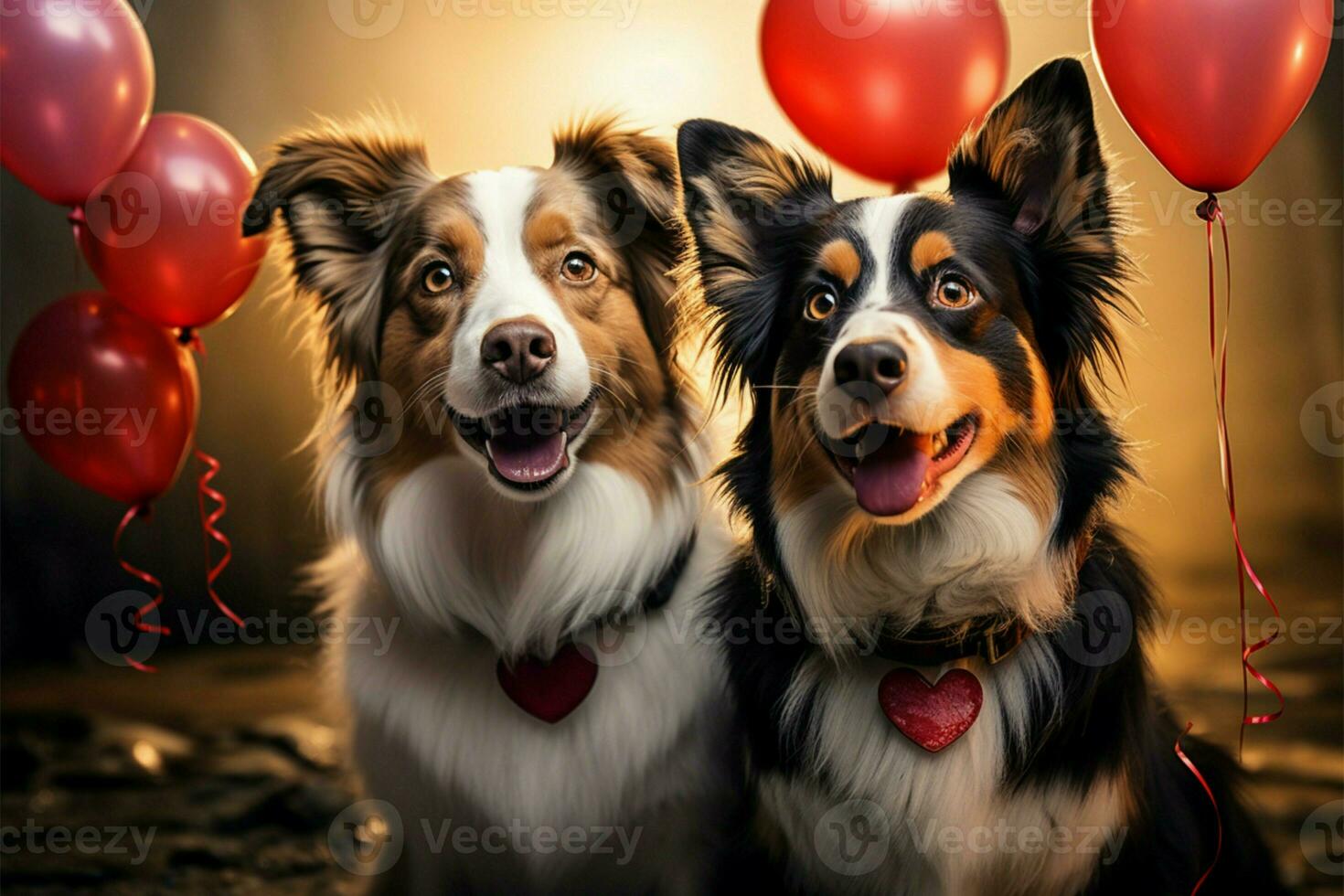 dos frontera collie perros compartir un corazón conformado globo, exhibiendo afecto ai generado foto