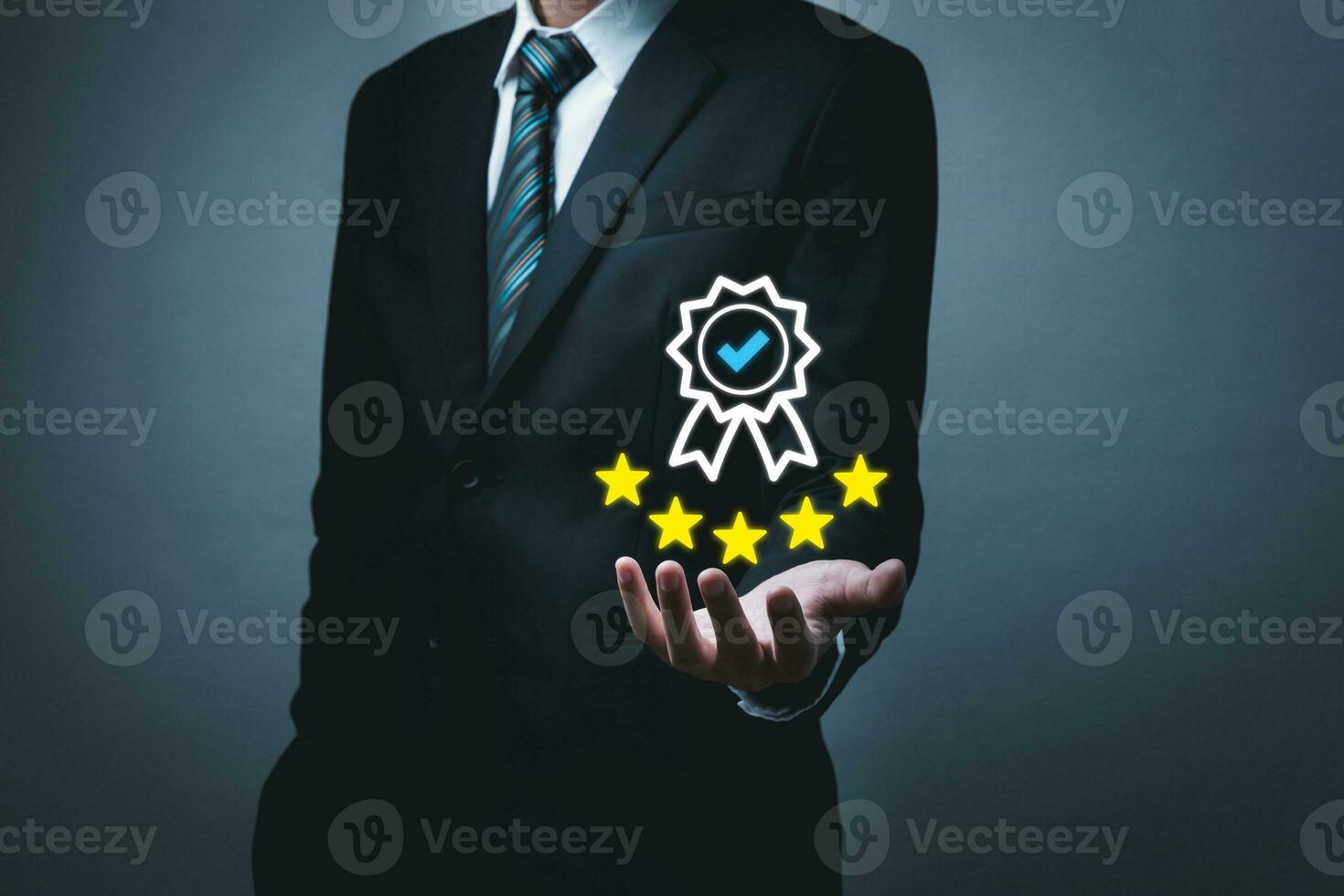 ISO certification. businessman in suit hand showing five star service quality assurance, review good rating, satisfaction, customer review, digital marketing, good experience, product review concept photo