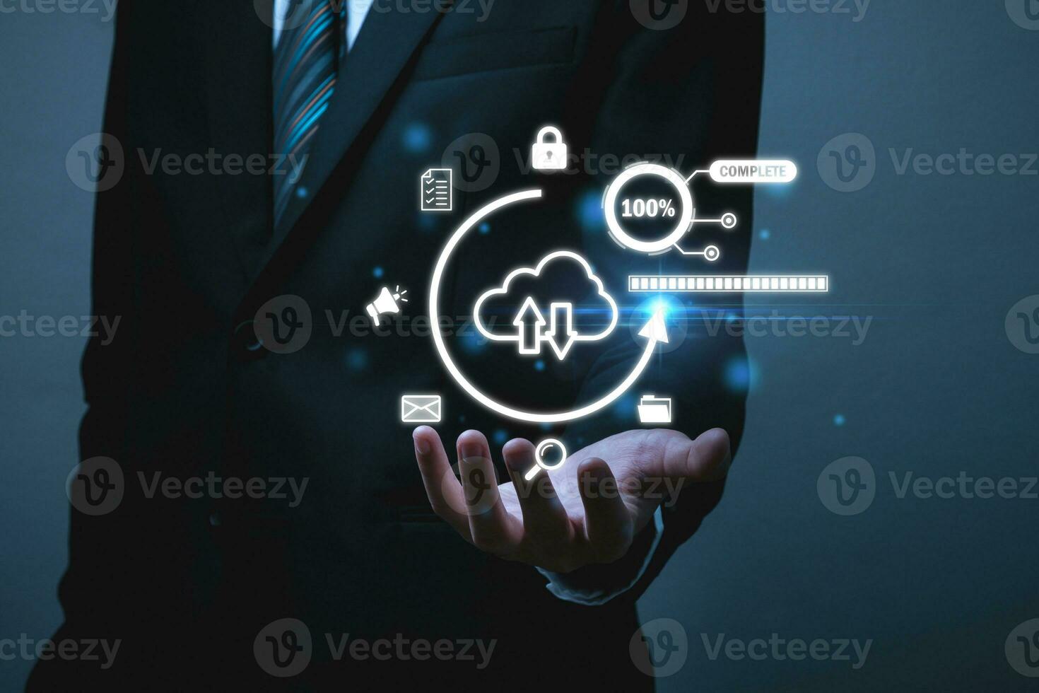 Cybersecurity. business man in suit with virtual cyber security graphic icon diagram, internet security, privacy information, digital marketing, business finance, internet network technology concept photo