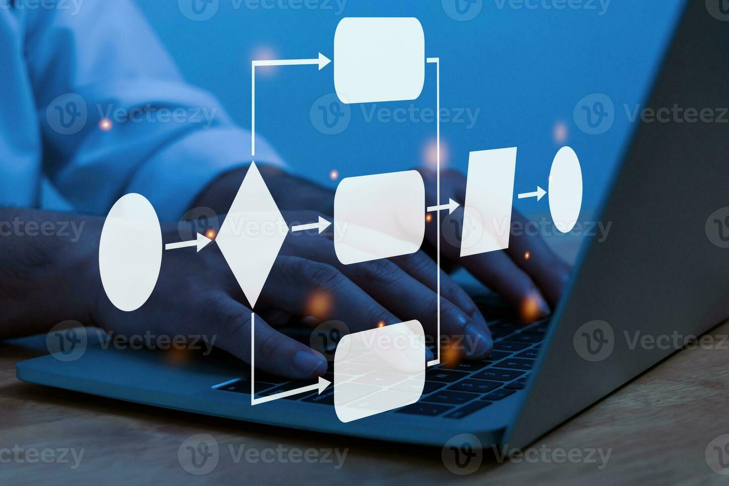 Cyber. software engineer people hand working on laptop computer with digital flowchart database diagram, workflow automation, software development, IT programmer, program developer, technology concept photo