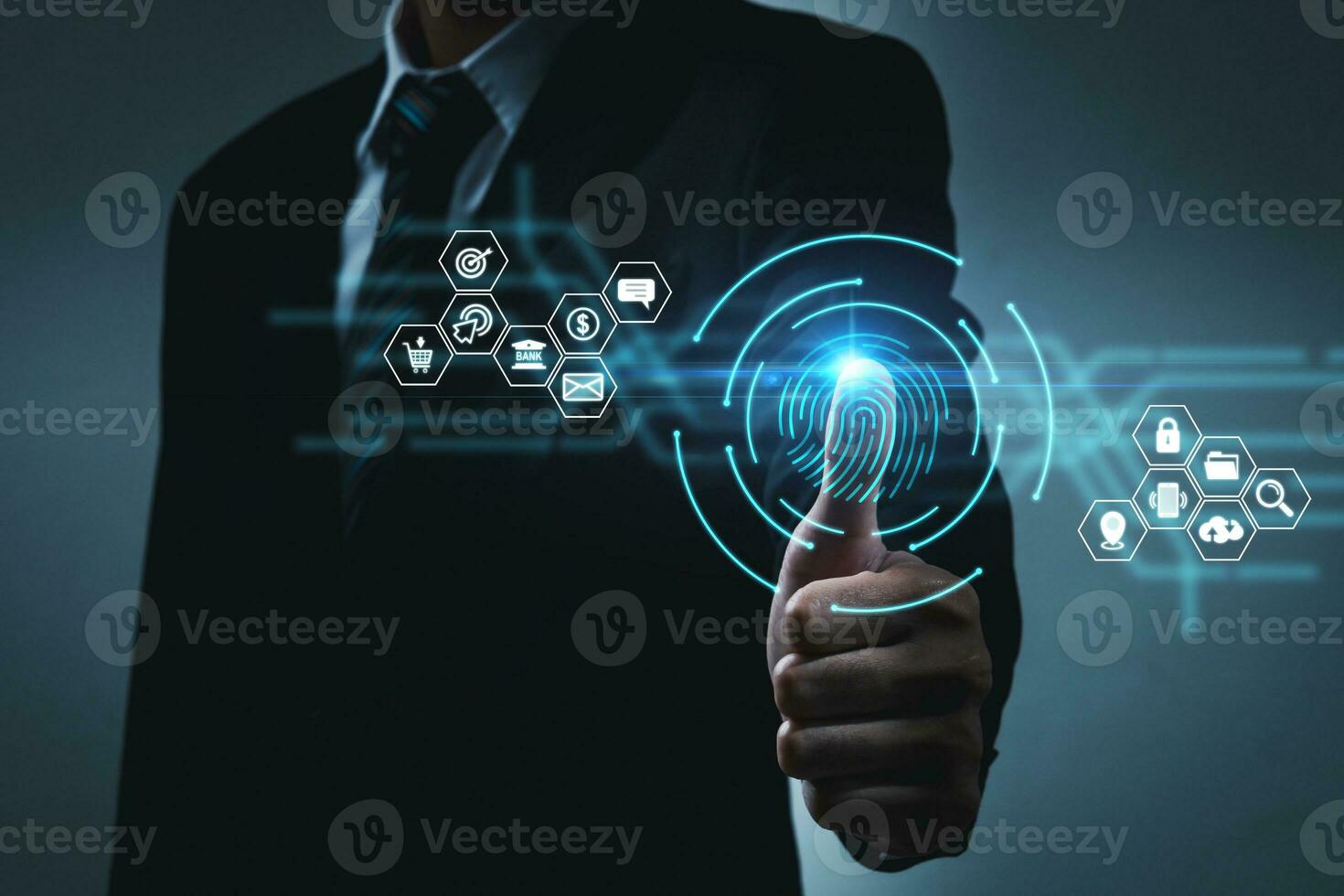 Cyber Security. business man hand touching virtual screen fingerprint with business icon diagram, business finance, cybersecurity, internet network security, investment, digital technology concept photo