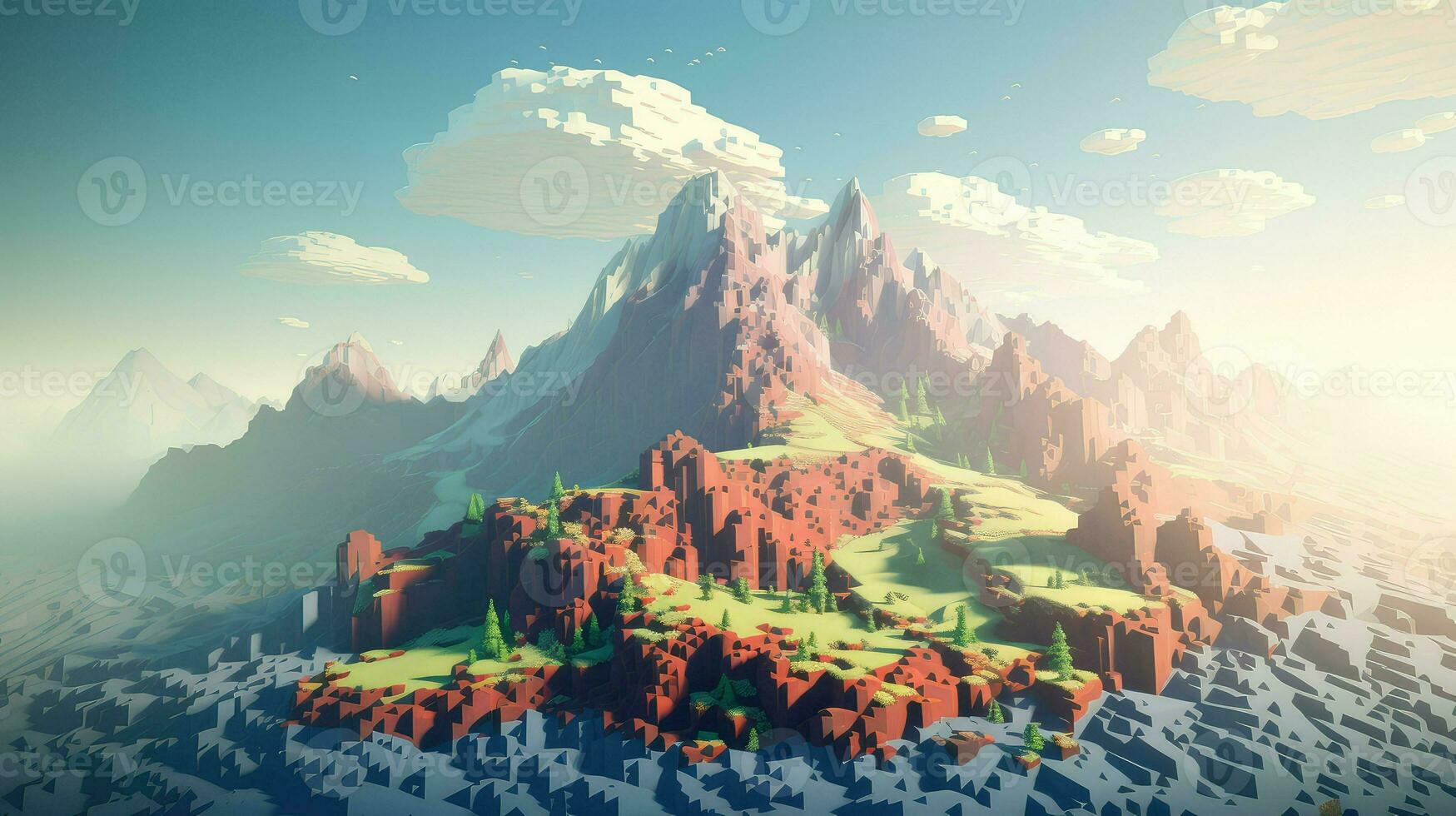 3d voxel mountain landscape ai generated photo