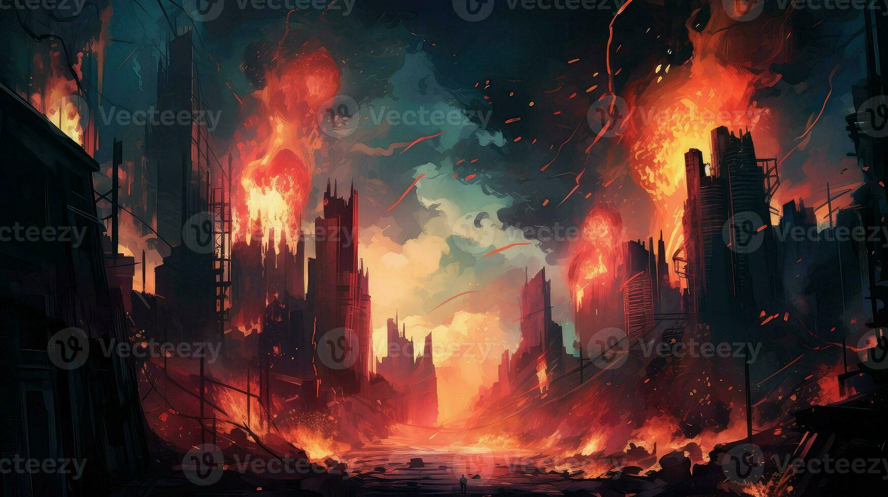 destroy destroyed city fire ai generated photo