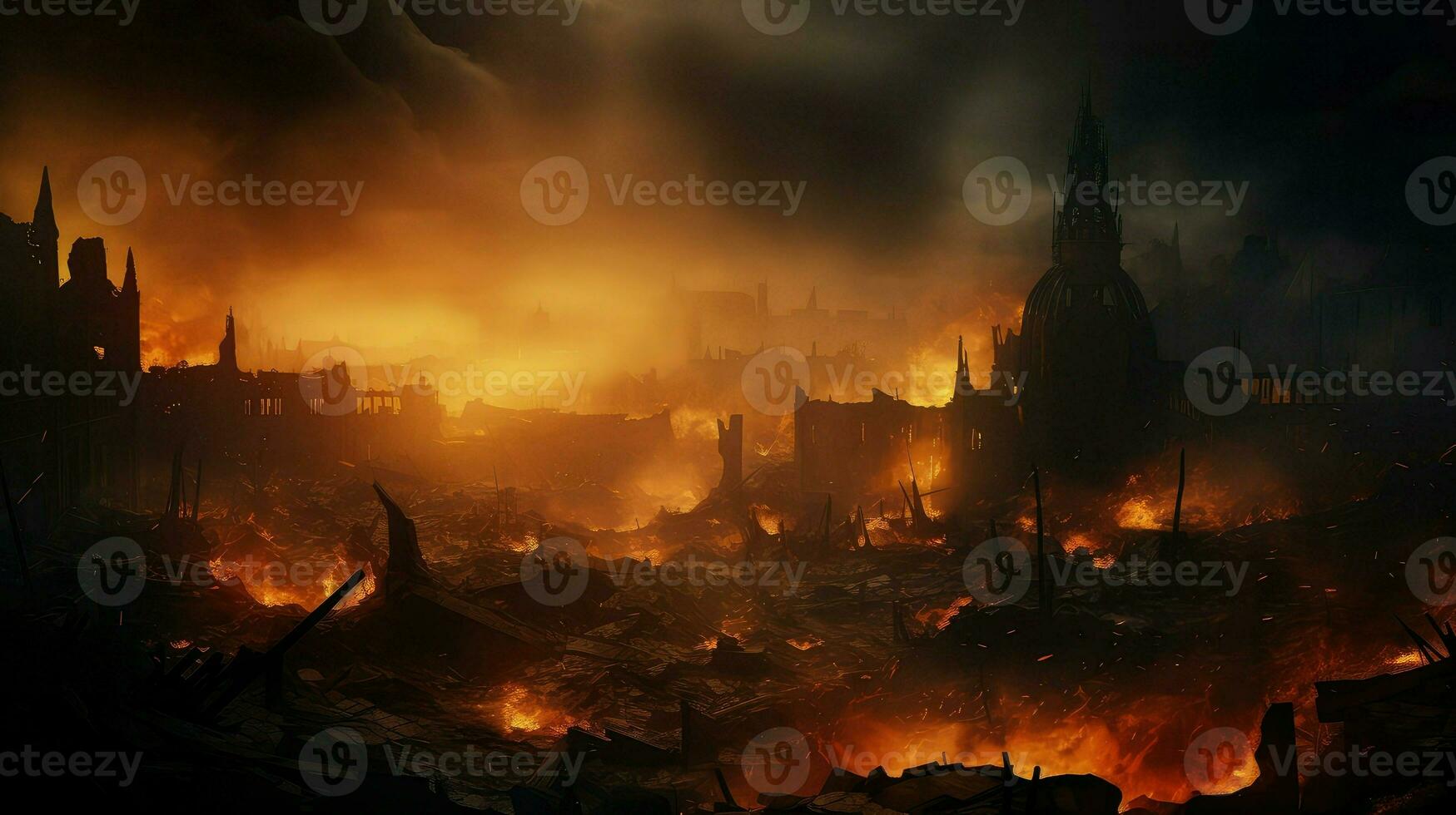 war destroyed city fire ai generated photo
