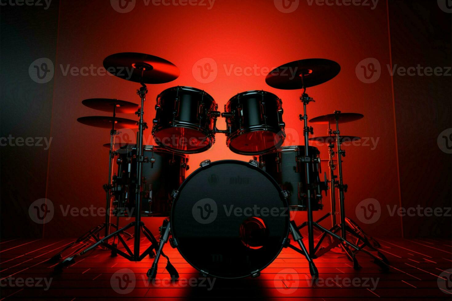 Professional rock drum kit with red backlight in a dark room, 3D rendering AI Generated photo