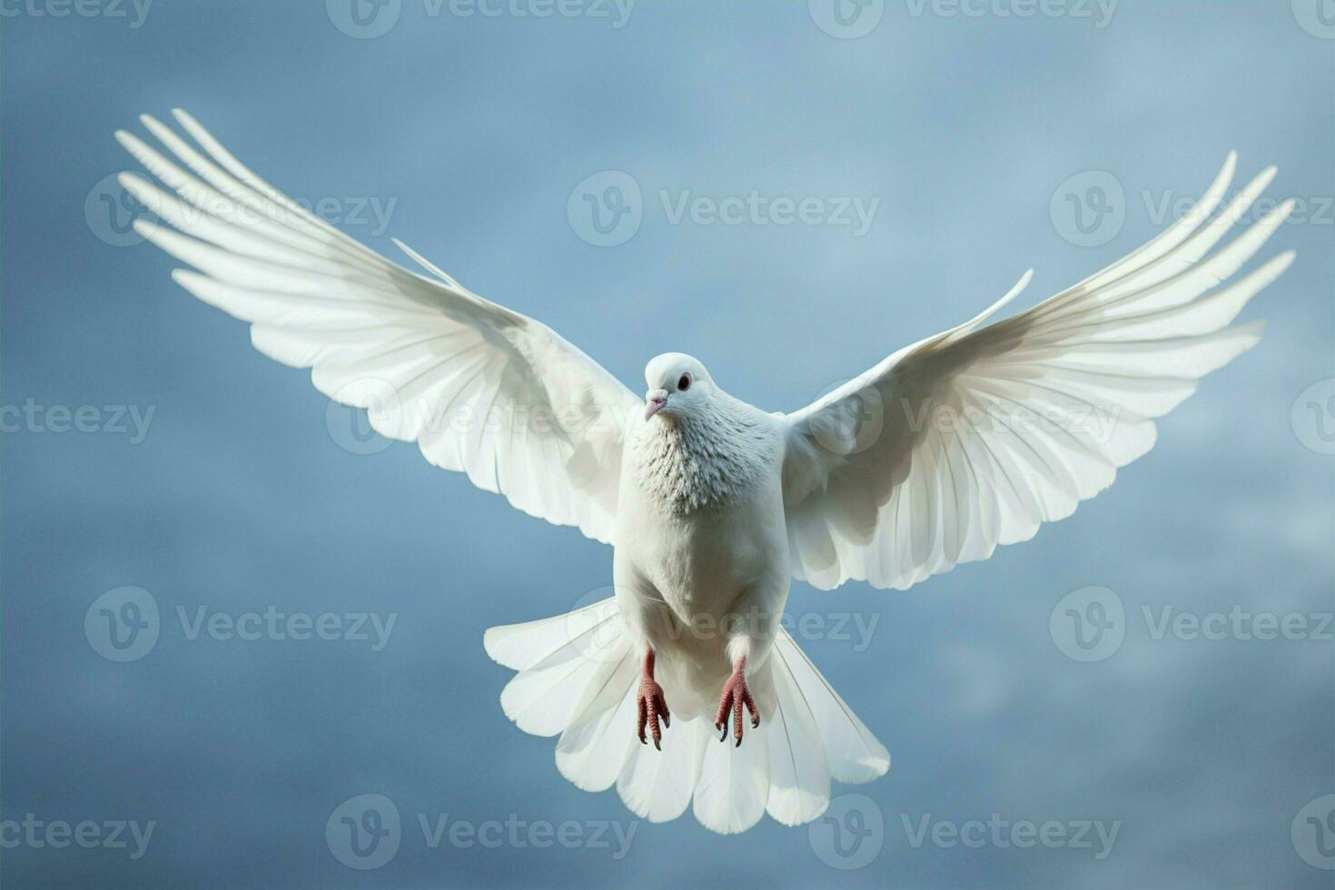 Homing pigeon in flight, its white feathers soaring through air AI Generated photo