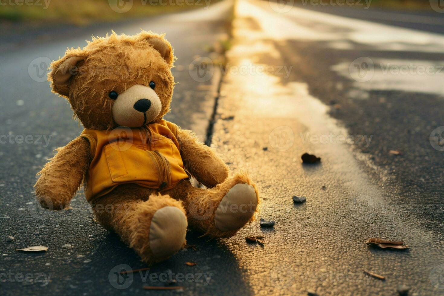 On the street, a melancholic teddy bear hopes to find home AI Generated photo