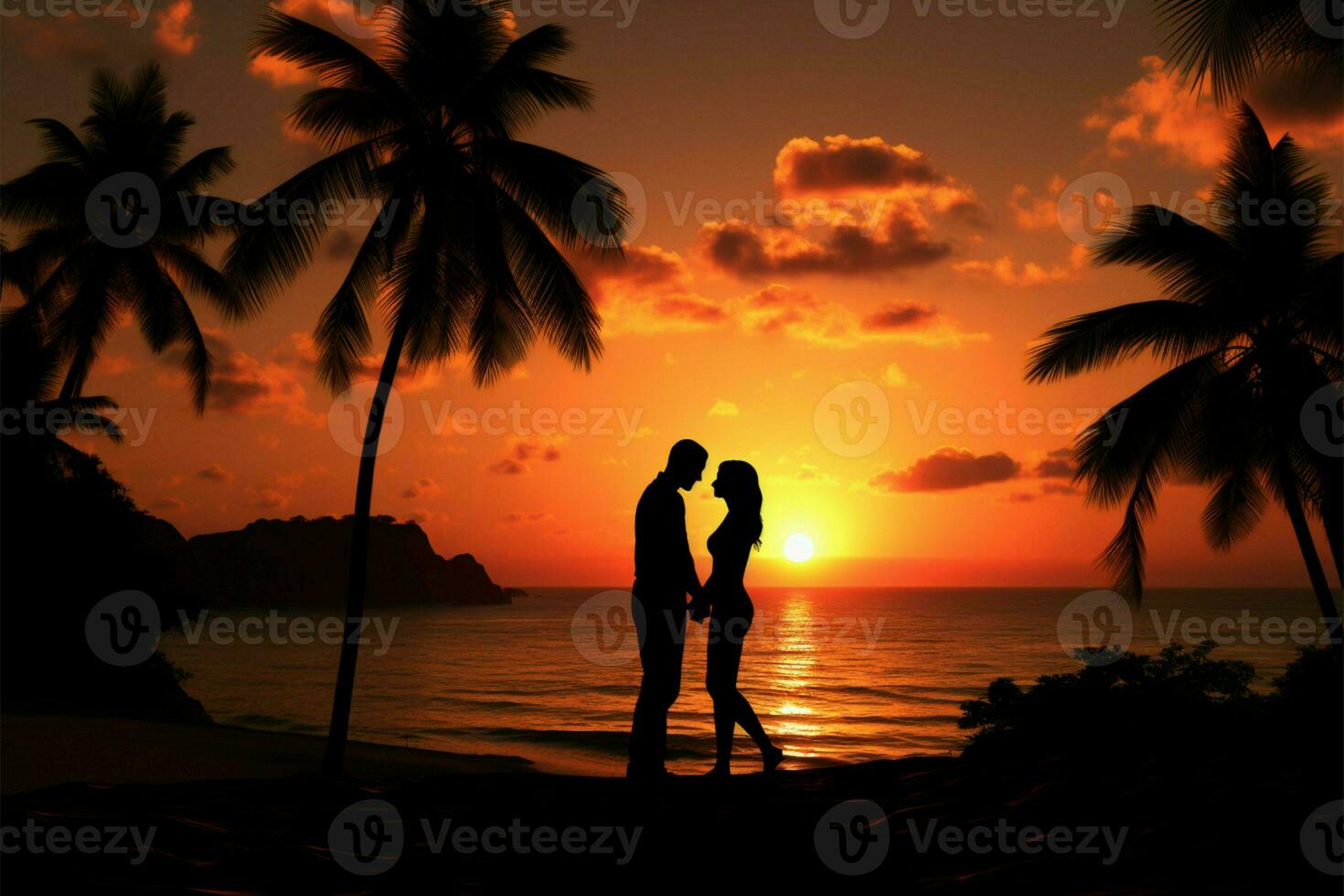 A romantic couple stands before a sunset, framed by palm trees' silhouettes AI Generated photo