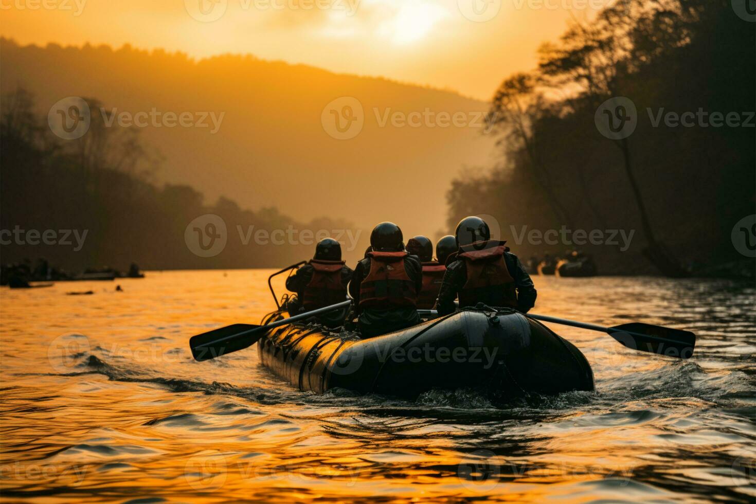 A tight shot showcases the intensity of young rafters on river AI Generated photo