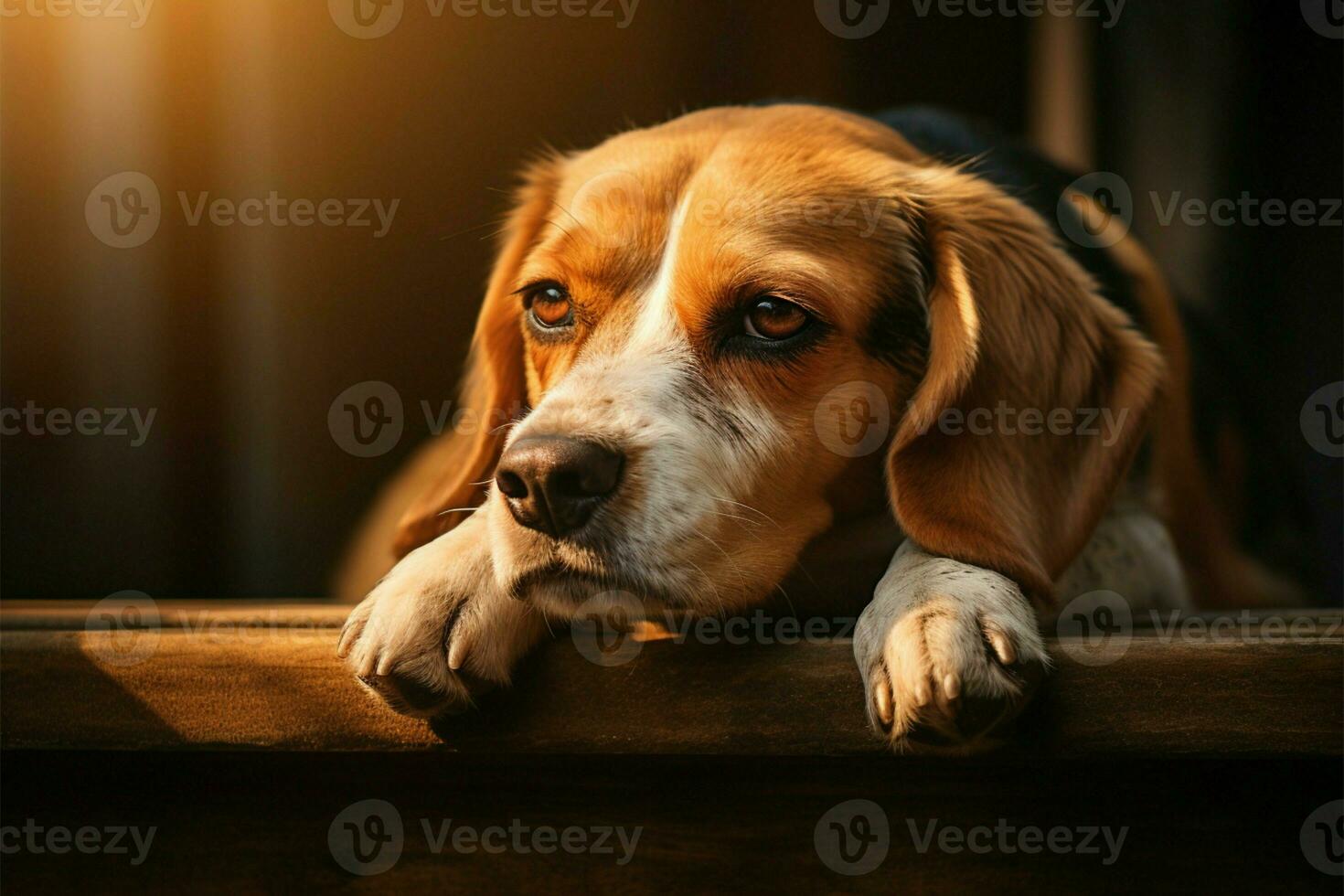 In tranquil repose, a wise beagle reclines, head on gentle paws AI Generated photo