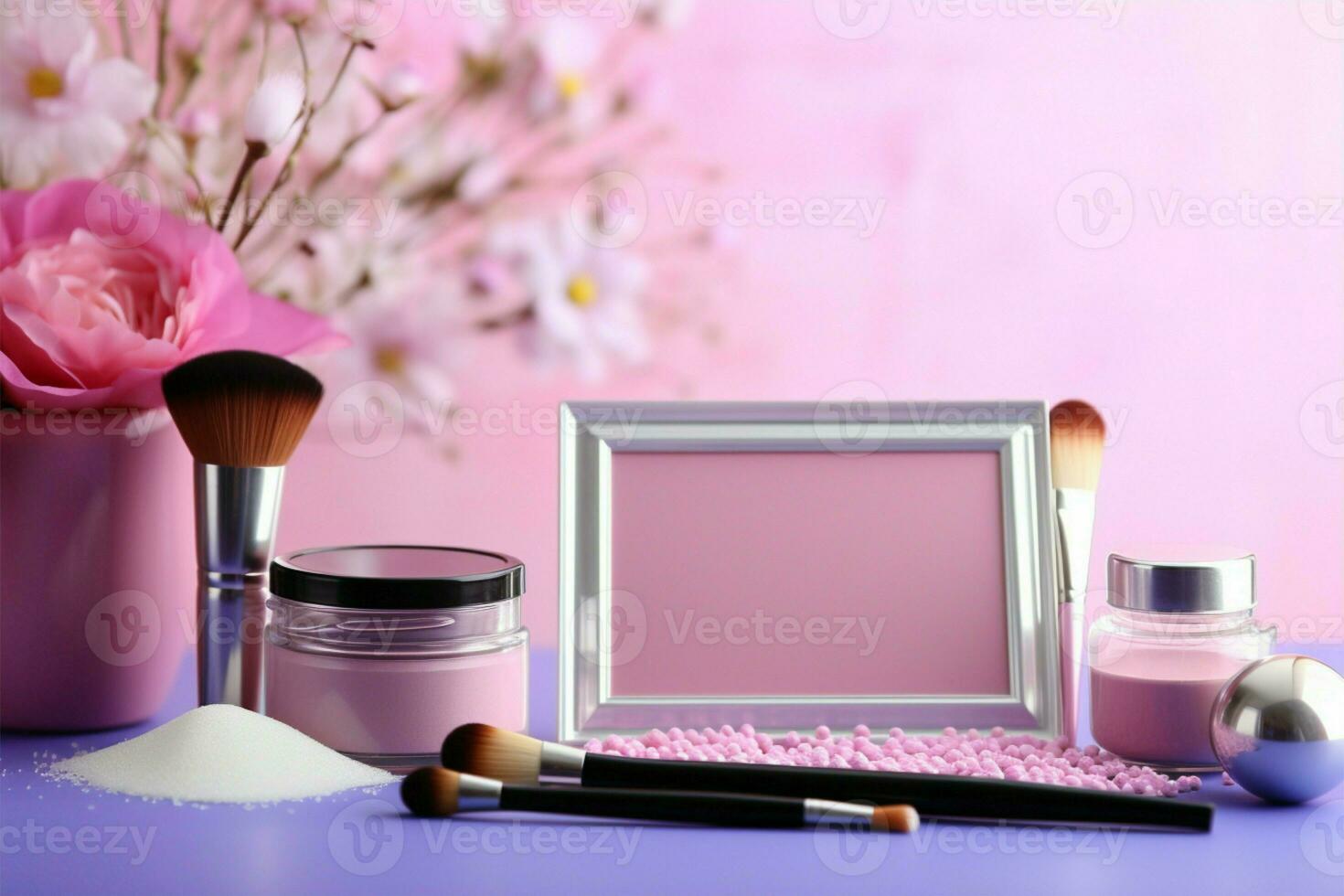 Pink themed cosmetics assortment with text space for your branding AI Generated photo