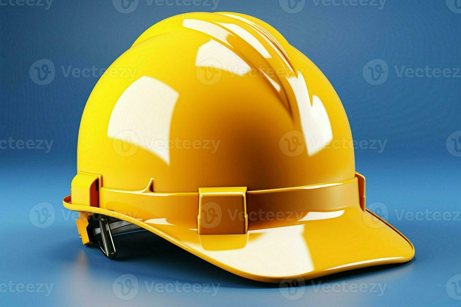 Vivid yellow hard hat isolated on blue, presented in realistic 3D rendering AI Generated photo