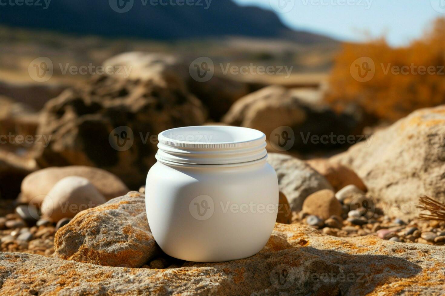 Grounded white jar accompanied by a sturdy natural rock nearby AI Generated photo