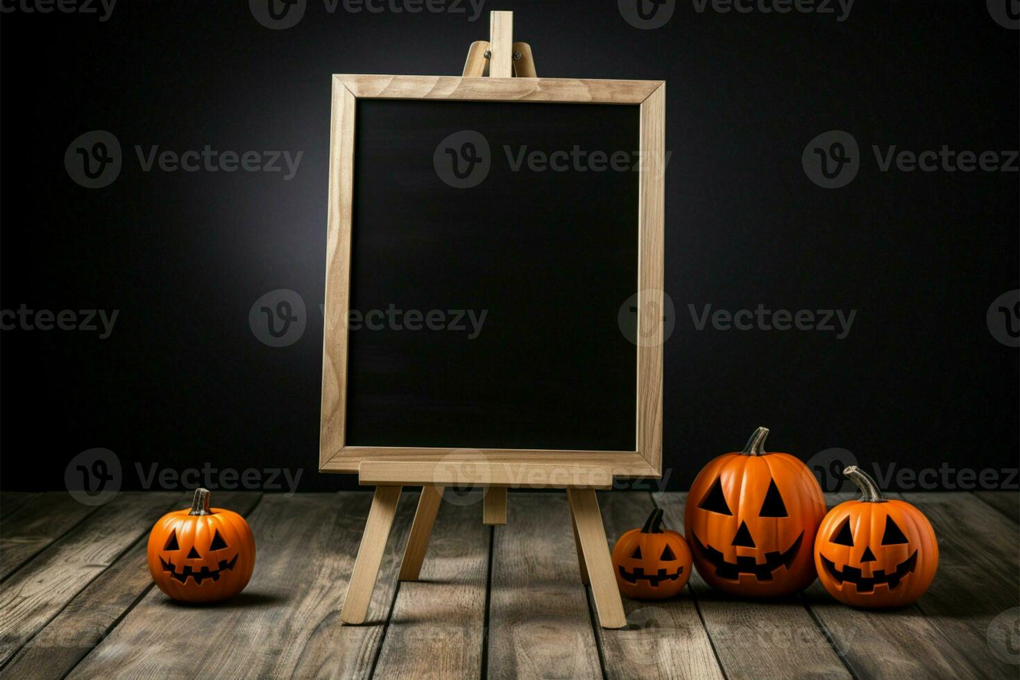 Chalkboard stand features Halloween pumpkins on a black background, wooden floor AI Generated photo