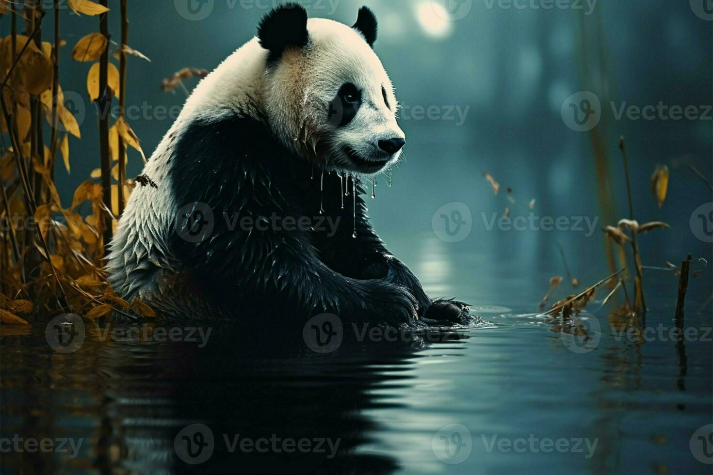 Panda rests by pond in misty forest captivating illustrative scenery AI Generated photo