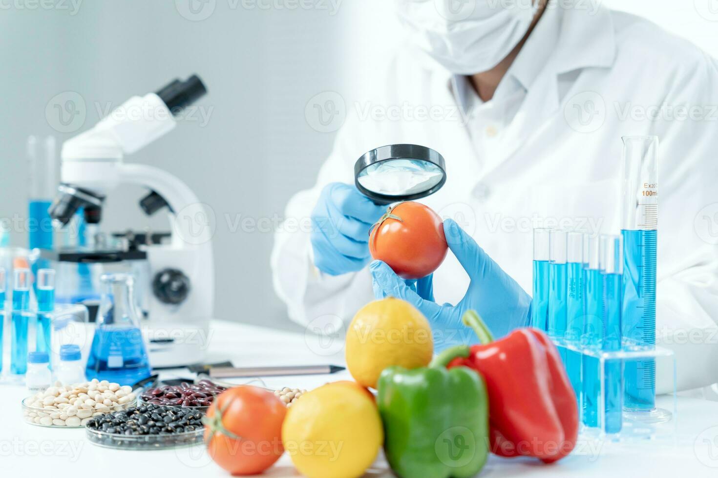 Scientist check chemical food residues in laboratory. Control experts inspect quality of fruits, vegetables. lab, hazards, ROHs, find prohibited substances, contaminate, Microscope, Microbiologist photo