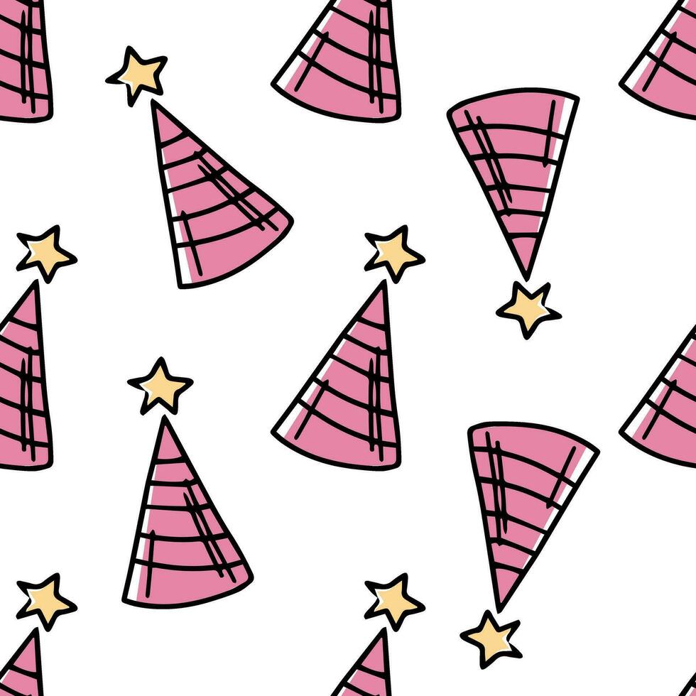 Doodle-style seamless pattern of cone party hat. Festive concept. Hand drawn color vector outline sketch.