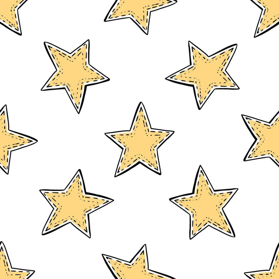 Doodle-style star seamless pattern. Festive concept. Hand drawn vector colored outline pattern. Yellow.