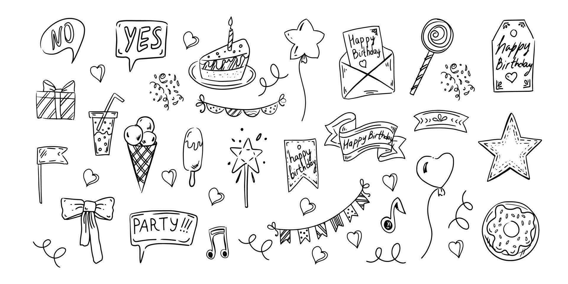 Birthday doodle set. Hand drawn vector Happy Birthday sketches on white background. Envelope, cake, balloon, ice cream, flags, hearts, labels, ribbons, bow, gift, star.