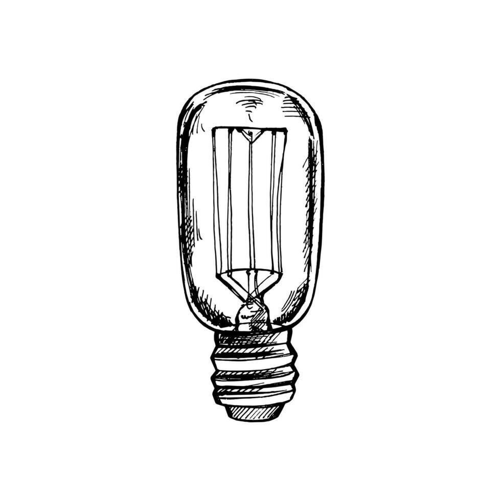 Hand-drawn sketch of electric light bulb. Doodle icon. Vector illustration.