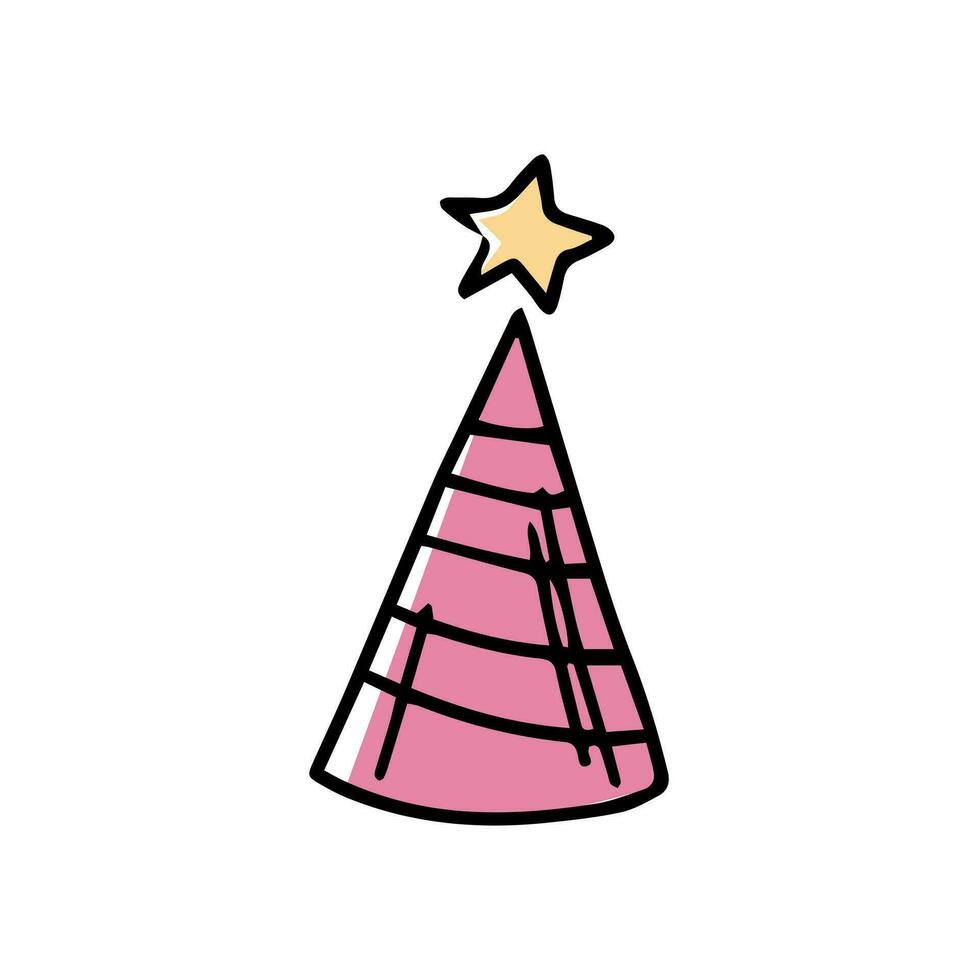 Cone party hat in doodle style on a white background. Festive concept. Hand drawn vector colored outline icon.