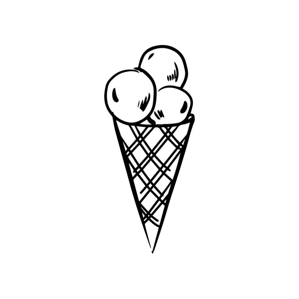 garabatear estilo hielo crema. mano dibujado vector ilustración. un hielo crema cono con Tres pelotas en un blanco antecedentes. alimento, dulces