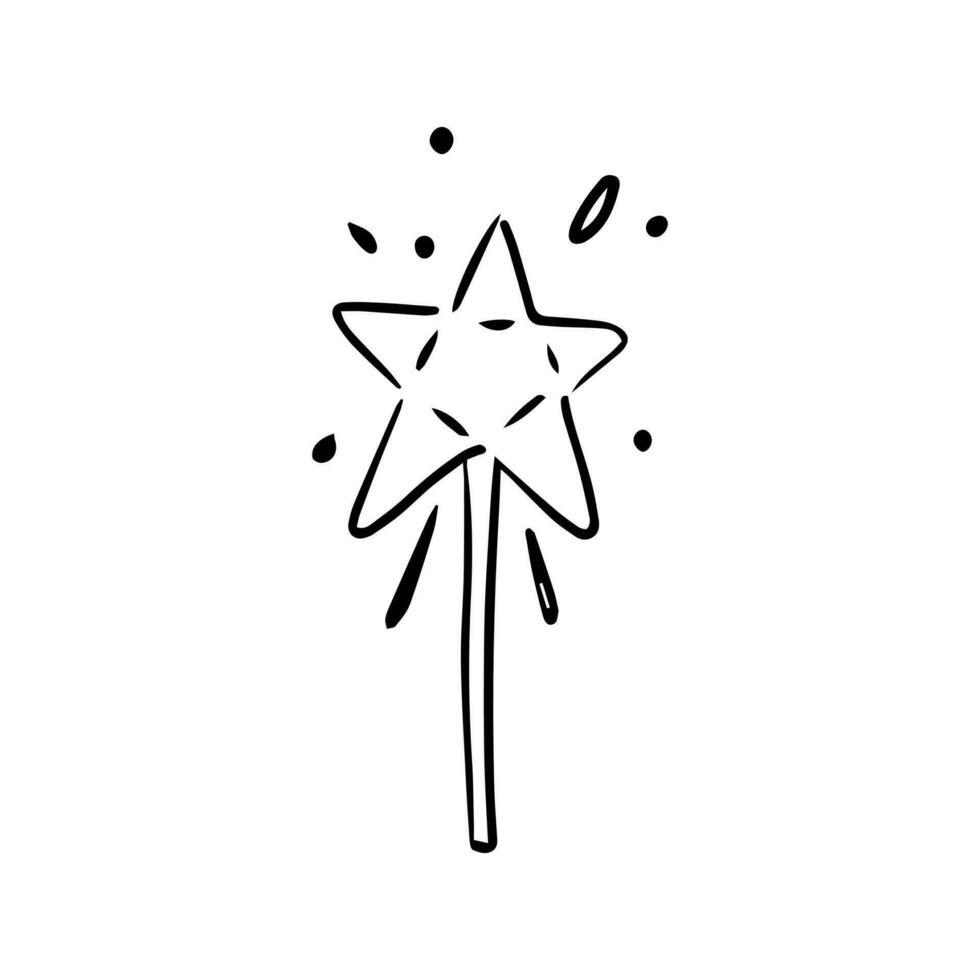 Magic wand in doodle style on a white background. Festive concept. Hand drawn vector outline icon.