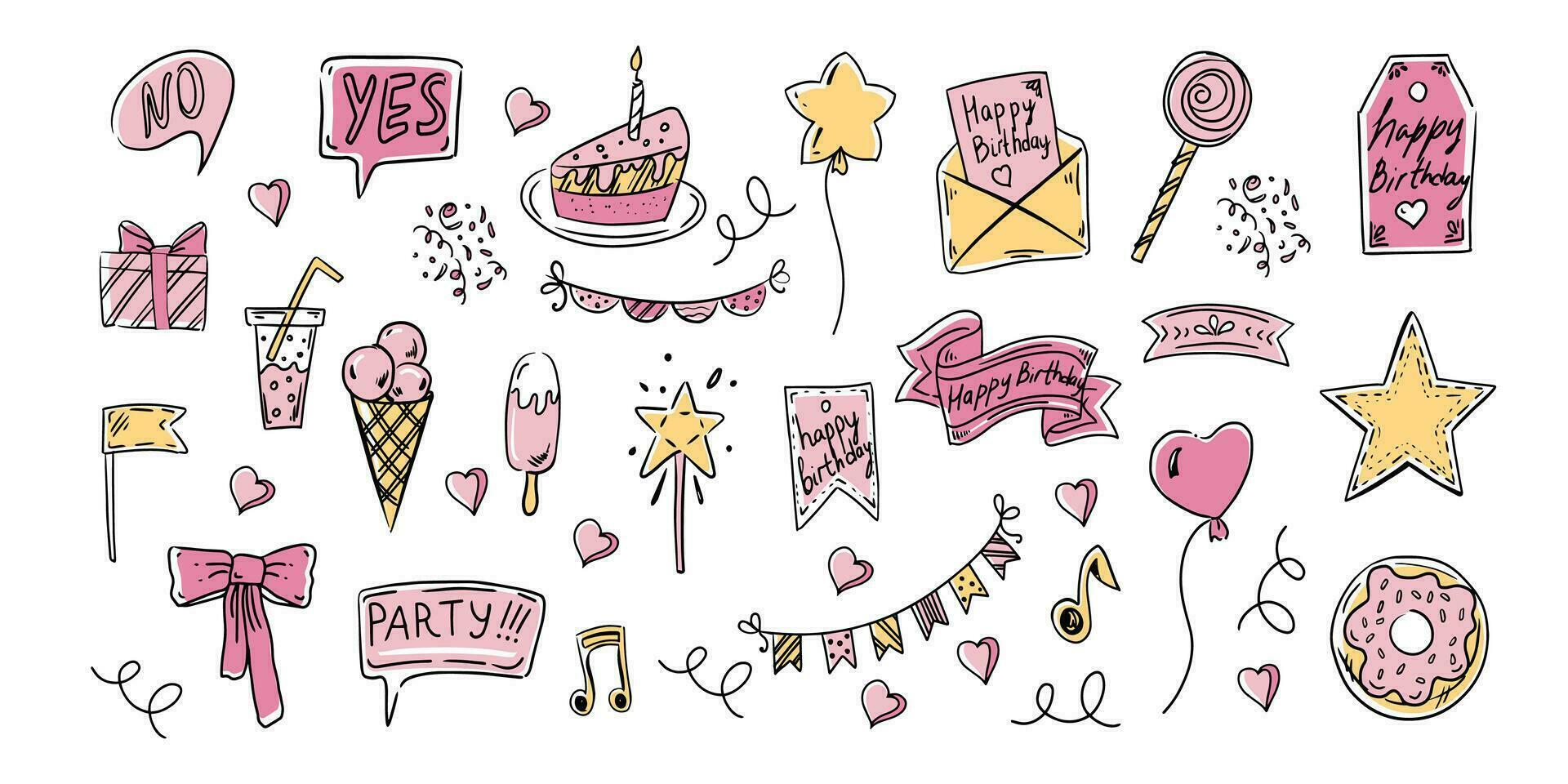 Birthday colored doodle set. Hand drawn vector Happy Birthday sketches on white background. Envelope, cake, balloon, ice cream, flags, hearts, labels, ribbons, bow, gift, star.