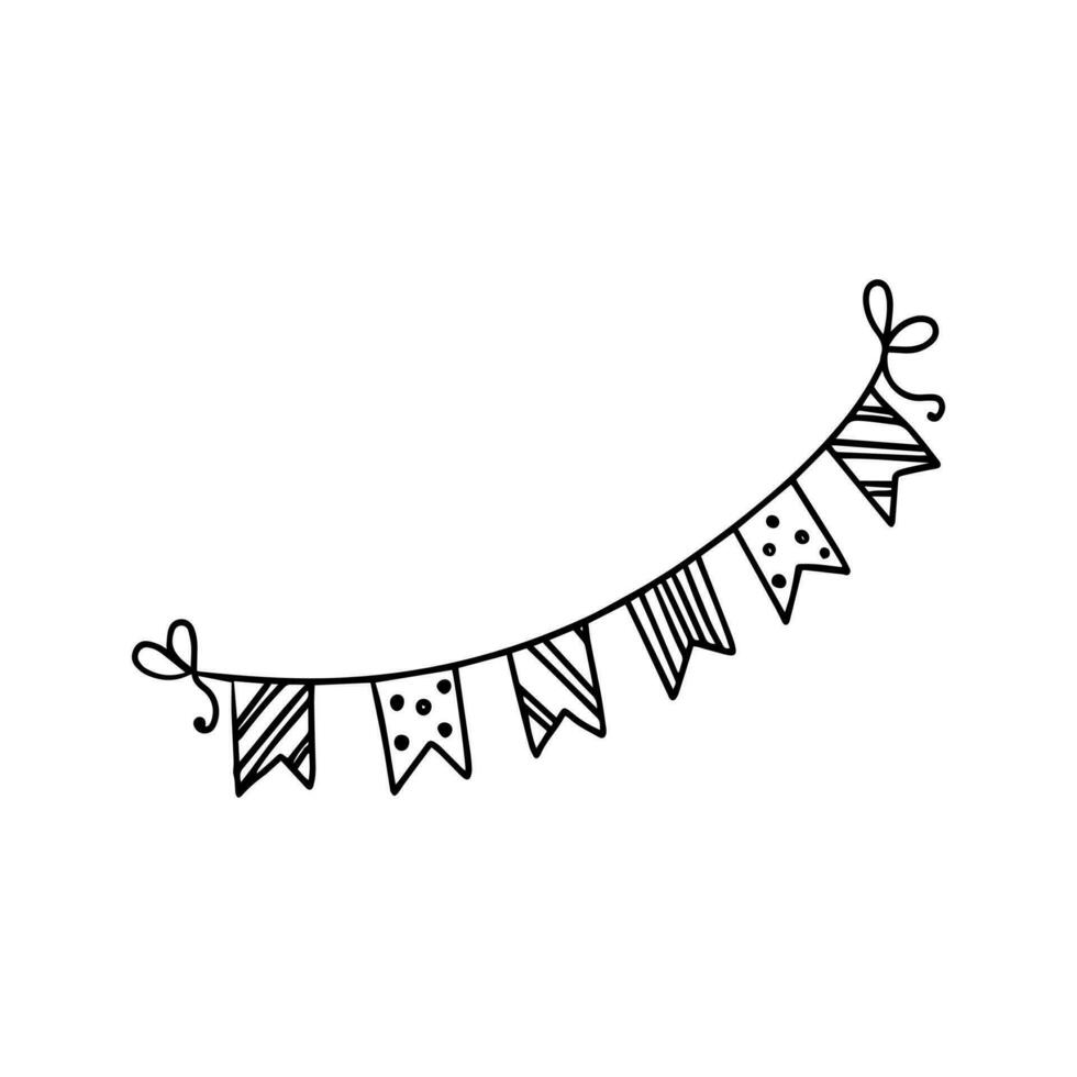 Flags on a string in doodle style on a white background. Festive concept. Hand drawn vector  outline icon.