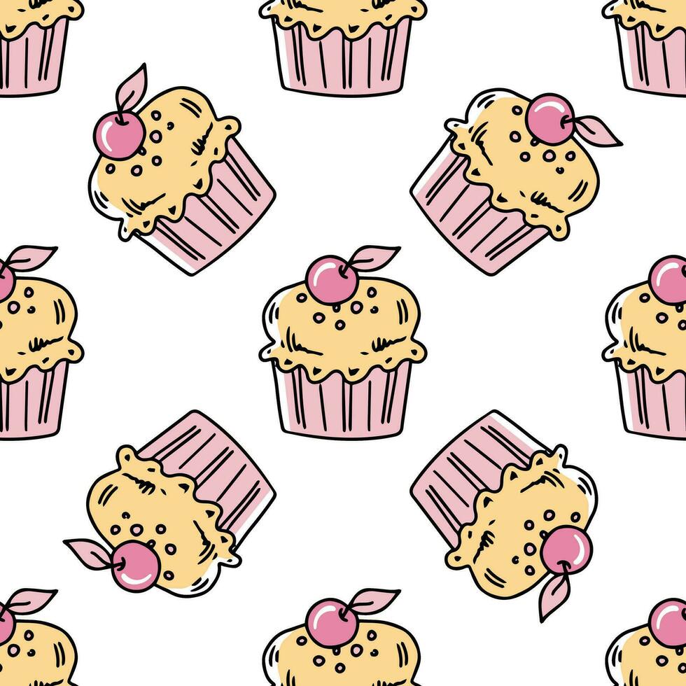 Doodle-style seamless pattern of cupcake with a cherry on top. Festive concept. Hand drawn color vector outline sketch.