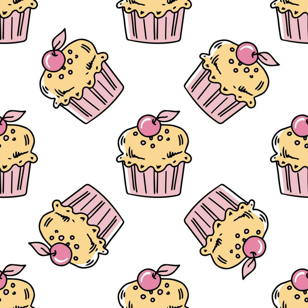 Doodle-style seamless pattern of cupcake with a cherry on top. Festive concept. Hand drawn color vector outline sketch.